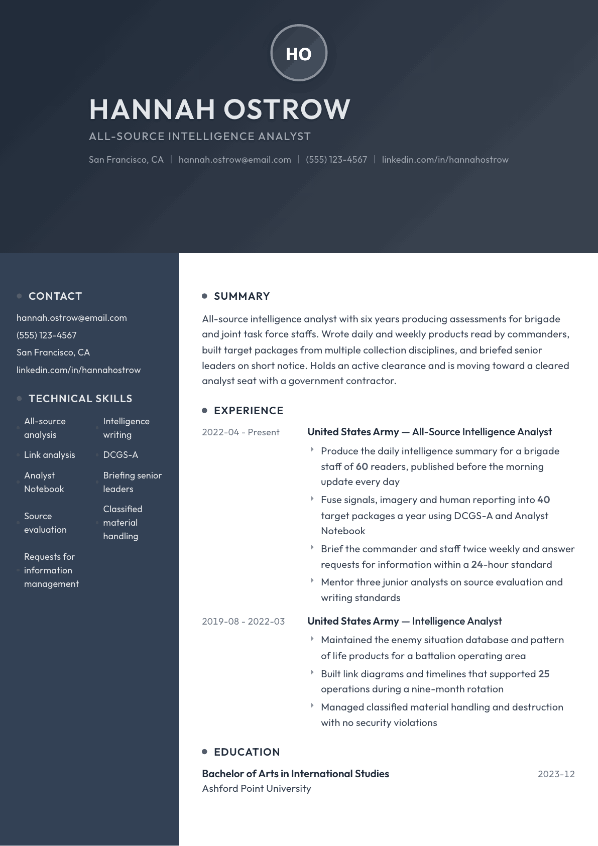 Military Intelligence Analyst resume example, Binary template