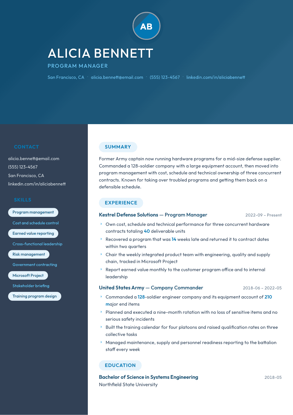 Military Officer resume example, Nexus template