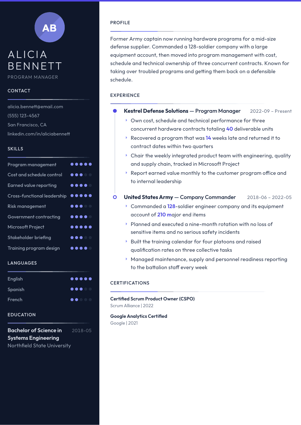 Military Officer resume example, Zenith template
