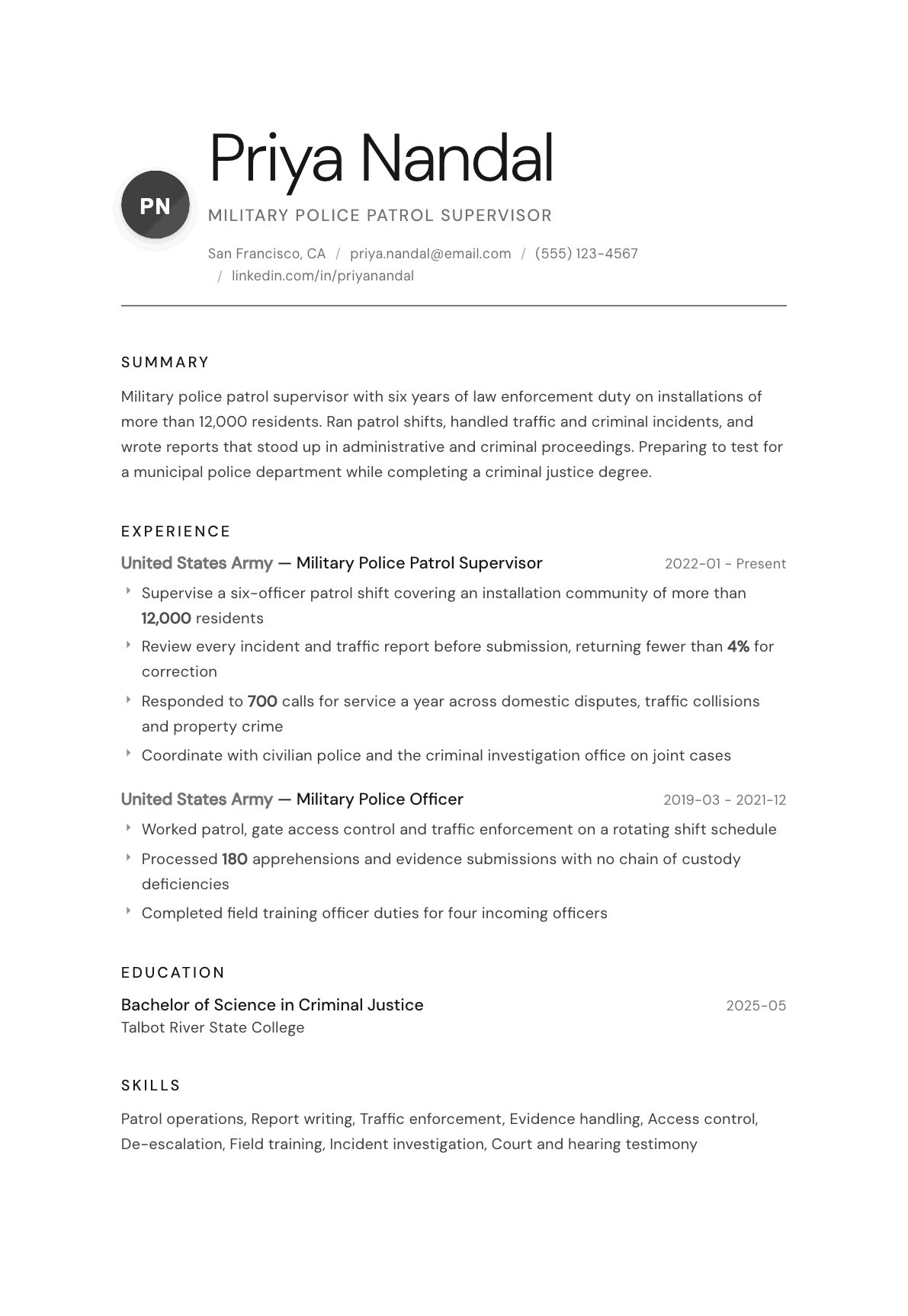 Military Police resume example, Whisper template