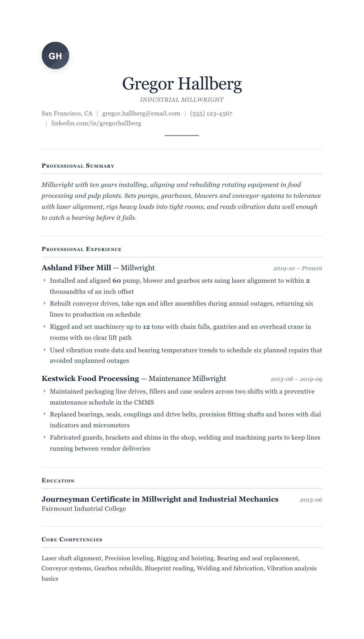 Millwright resume example, Cornerstone template
