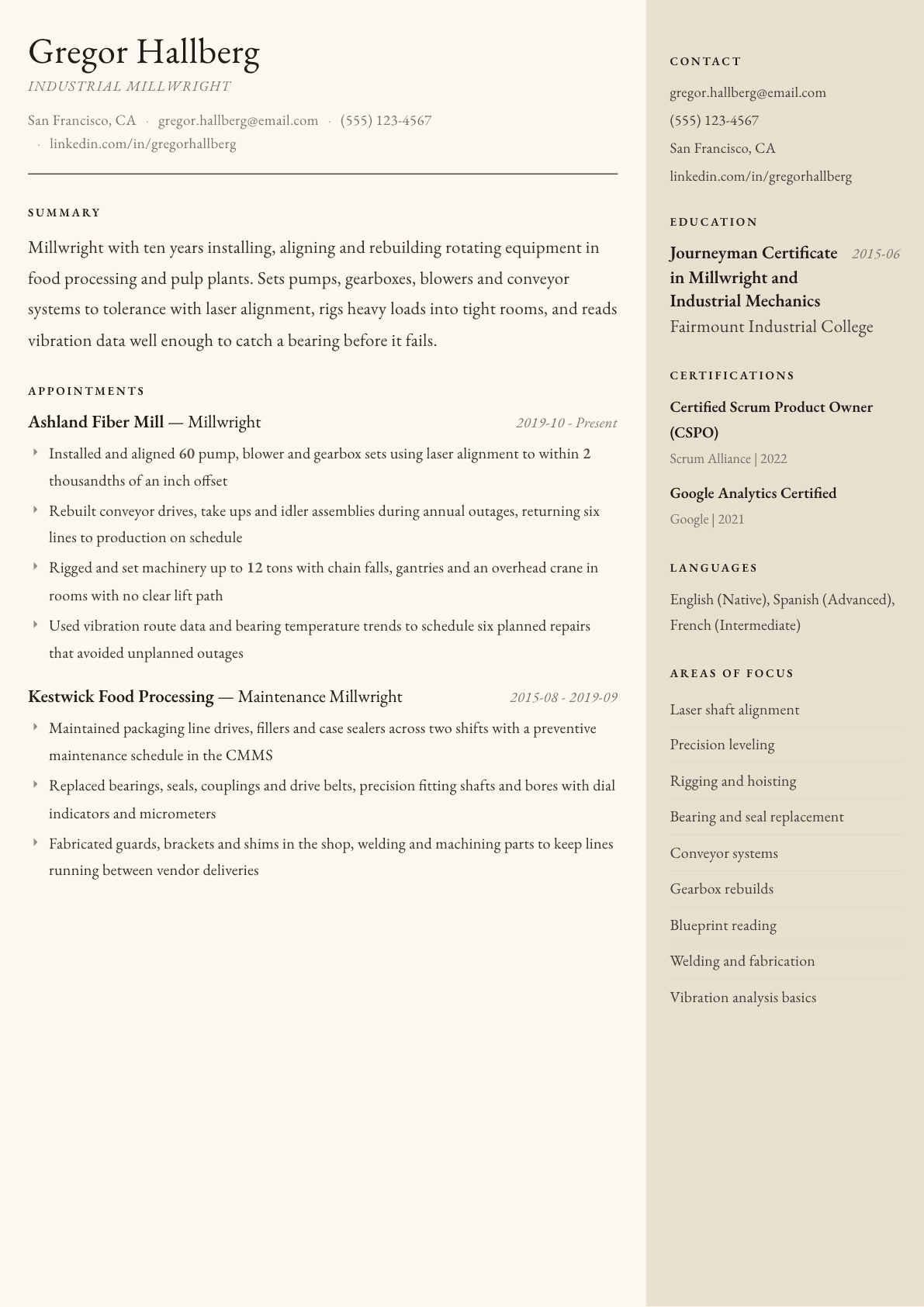 Millwright resume example, Manuscript template