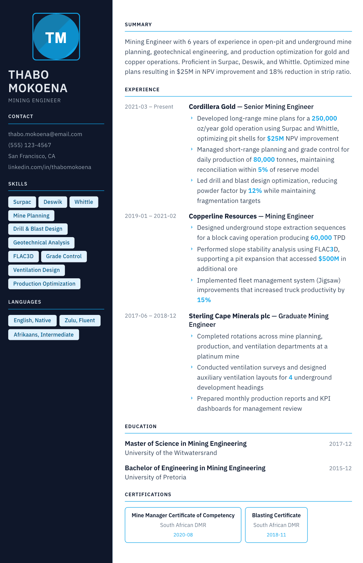 Mining Engineer resume example, Everest template