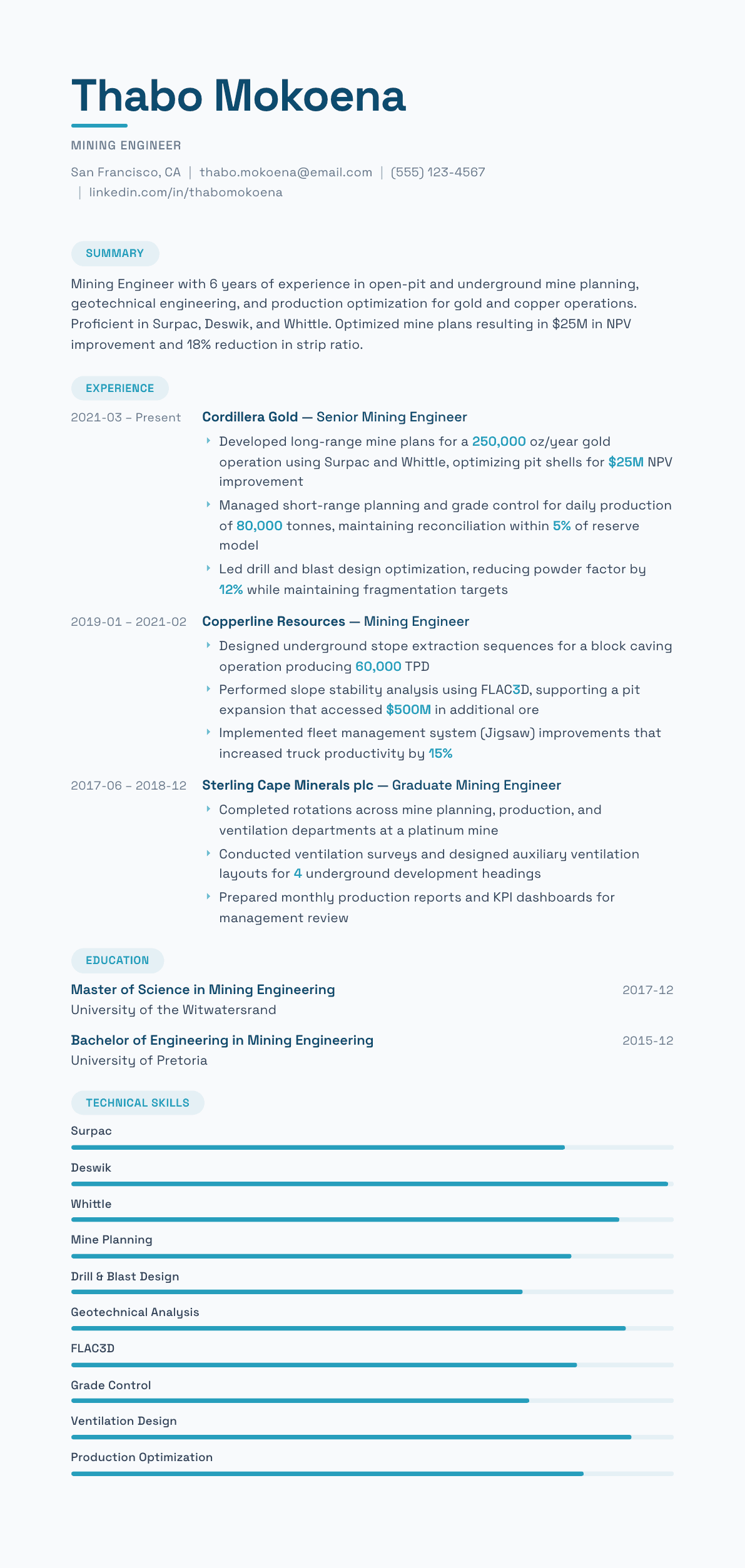 Mining Engineer resume example, Horizon template