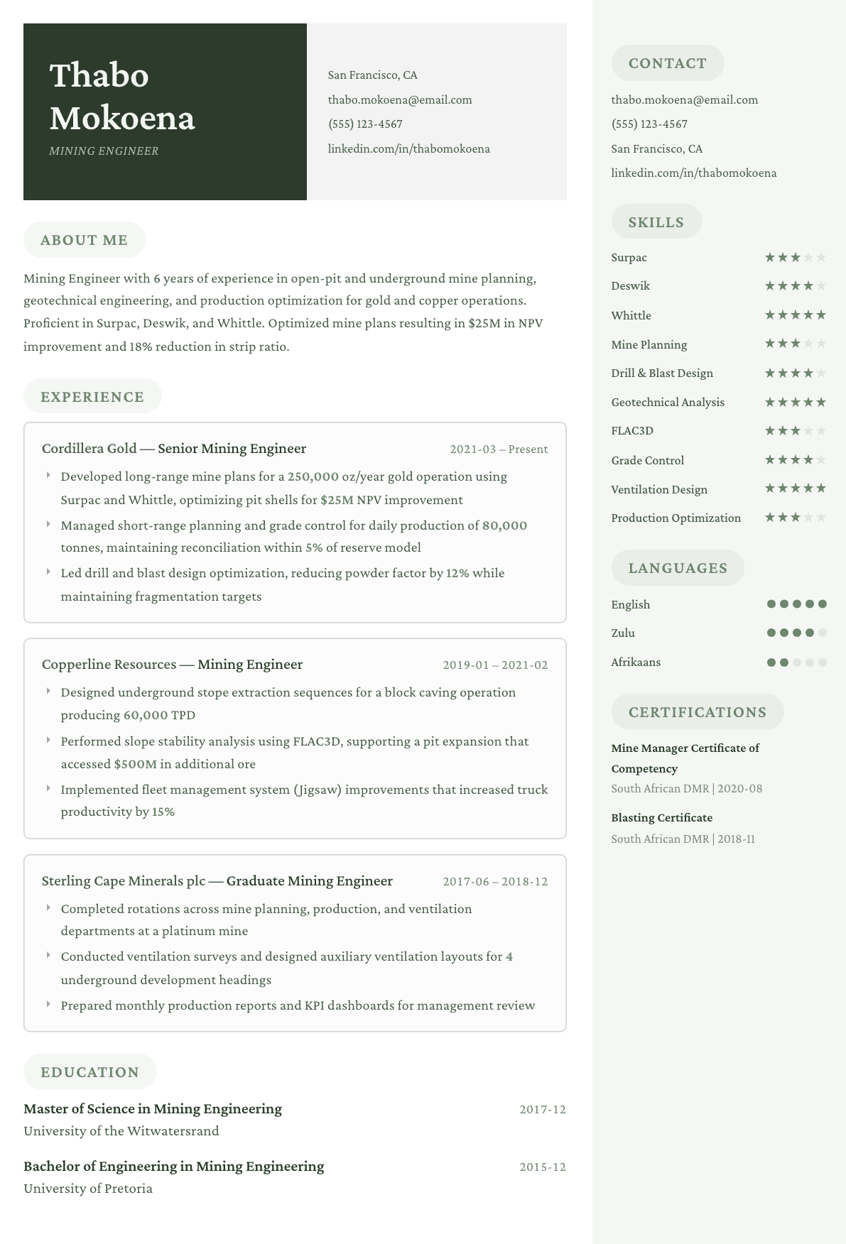 Mining Engineer resume example, Mayfair template
