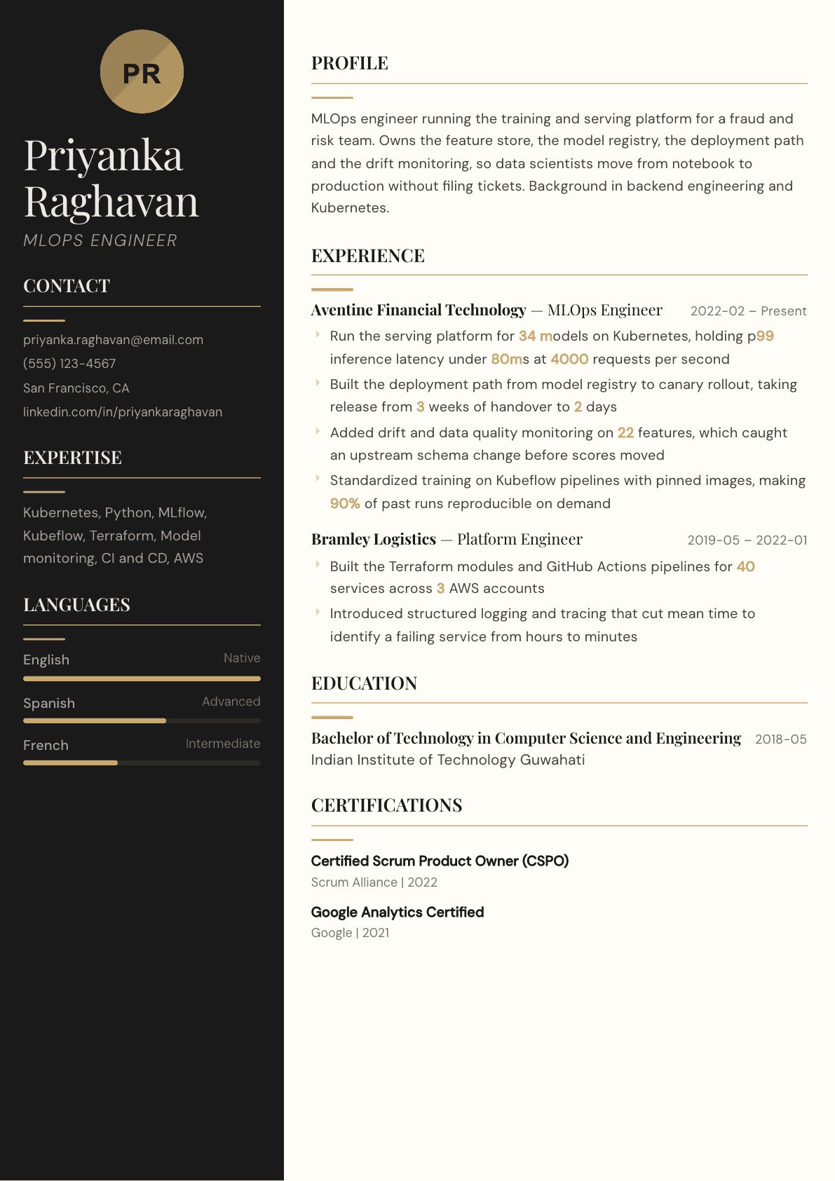 MLOps Engineer resume example, Obsidian template