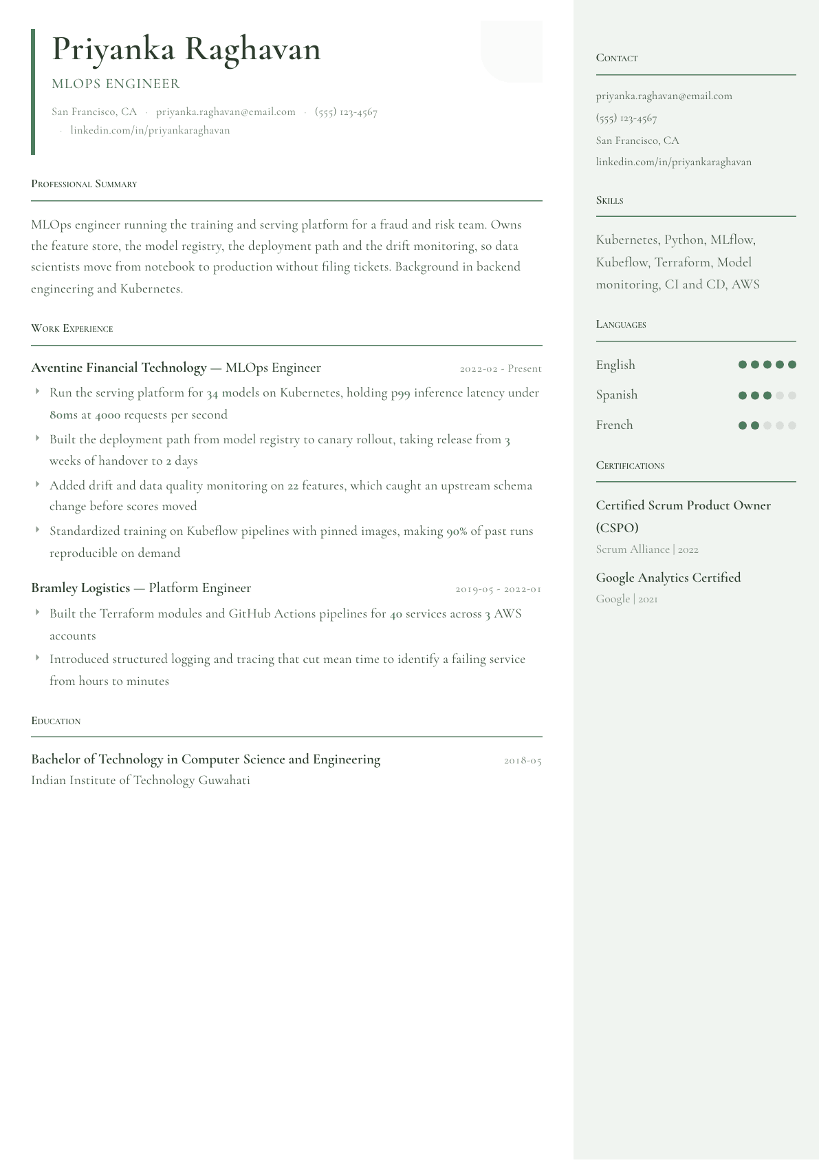 MLOps Engineer resume example, Copenhagen template
