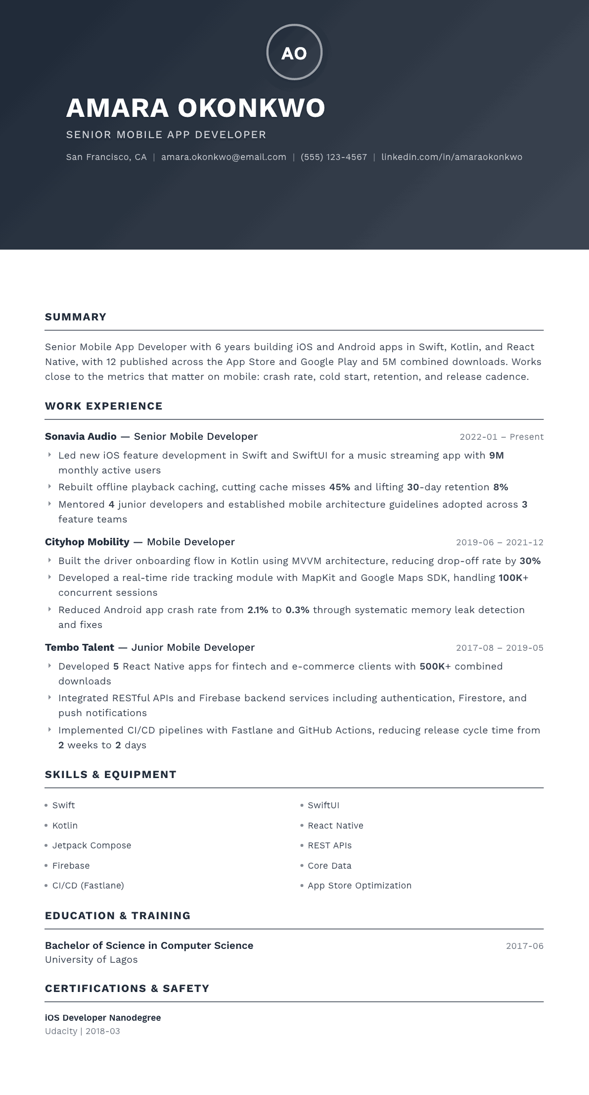 Mobile App Developer resume example, Foundation template