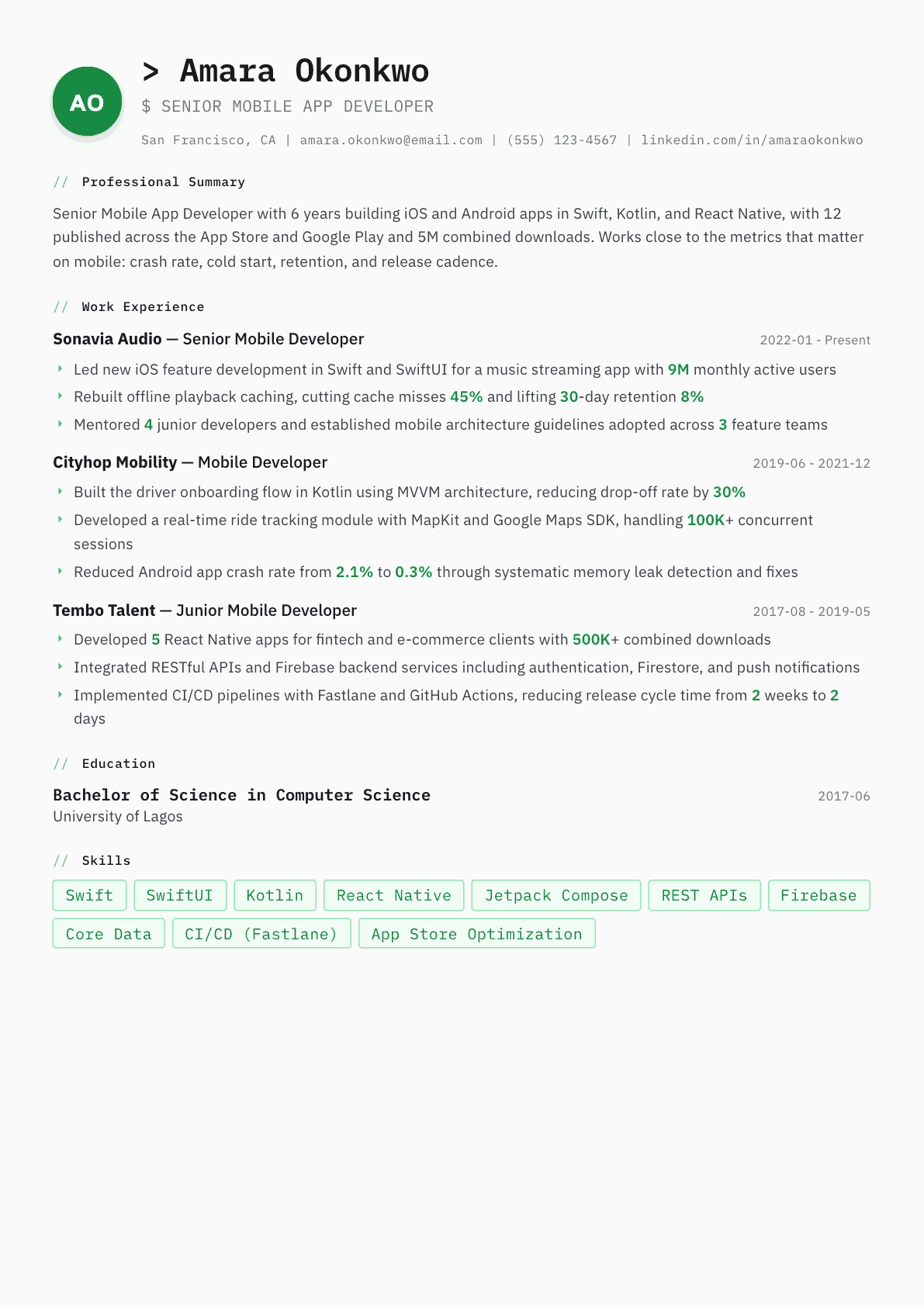 Mobile App Developer resume example, Amsterdam template
