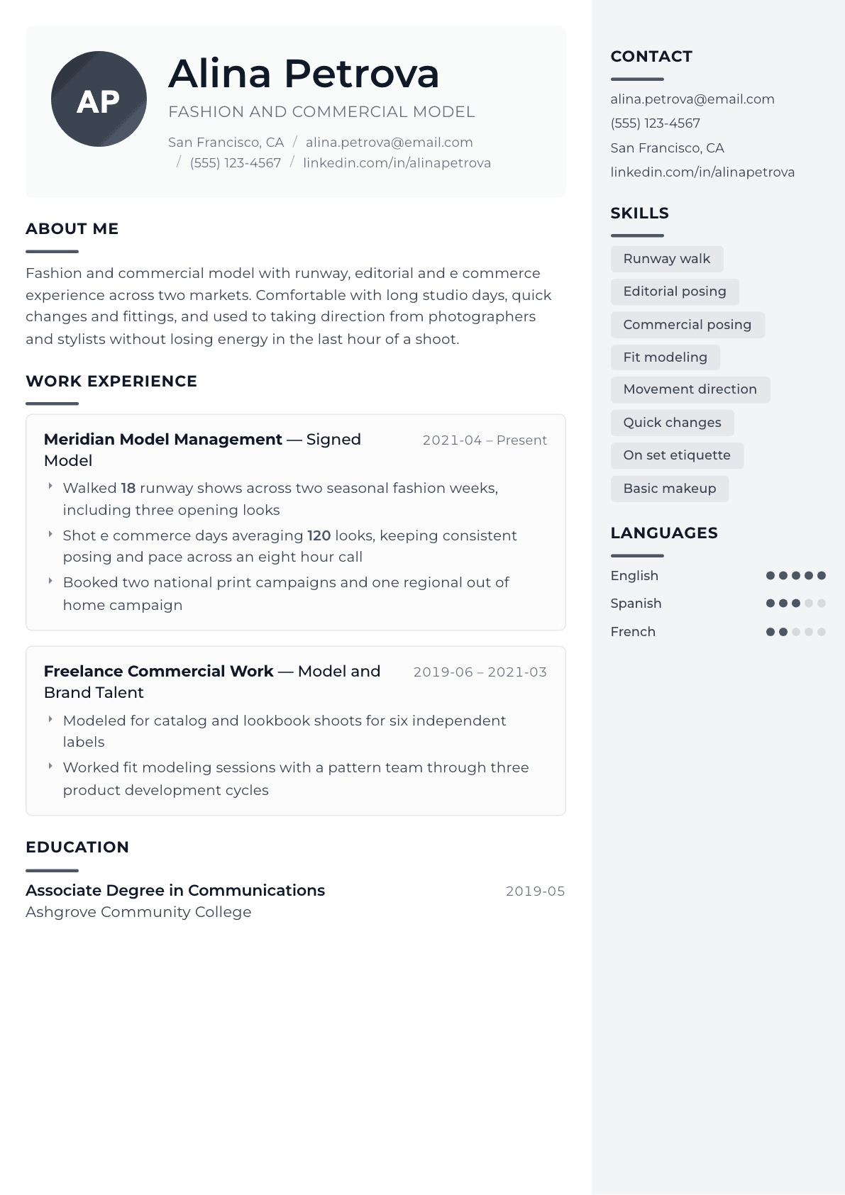 Model resume example, Metropolitan template