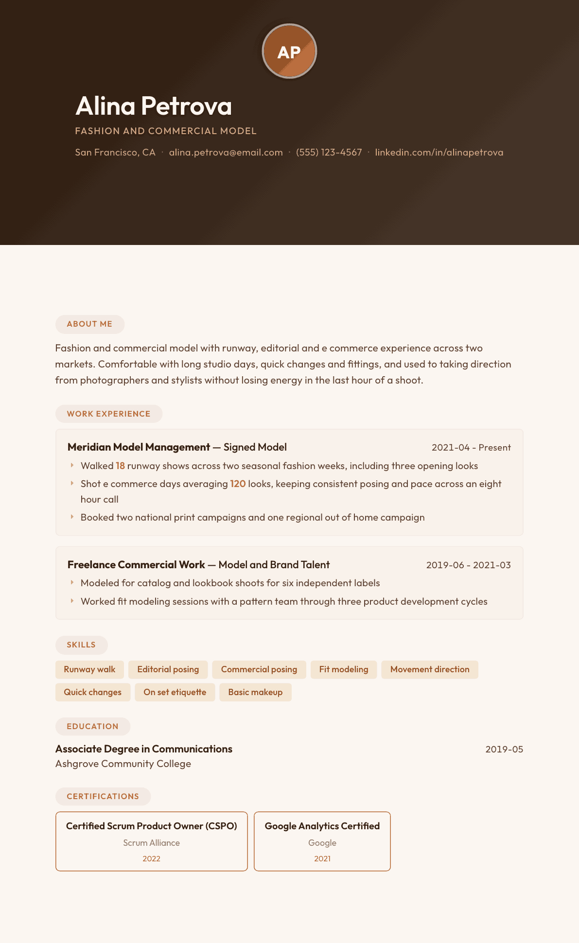 Model resume example, Terracotta Studio template