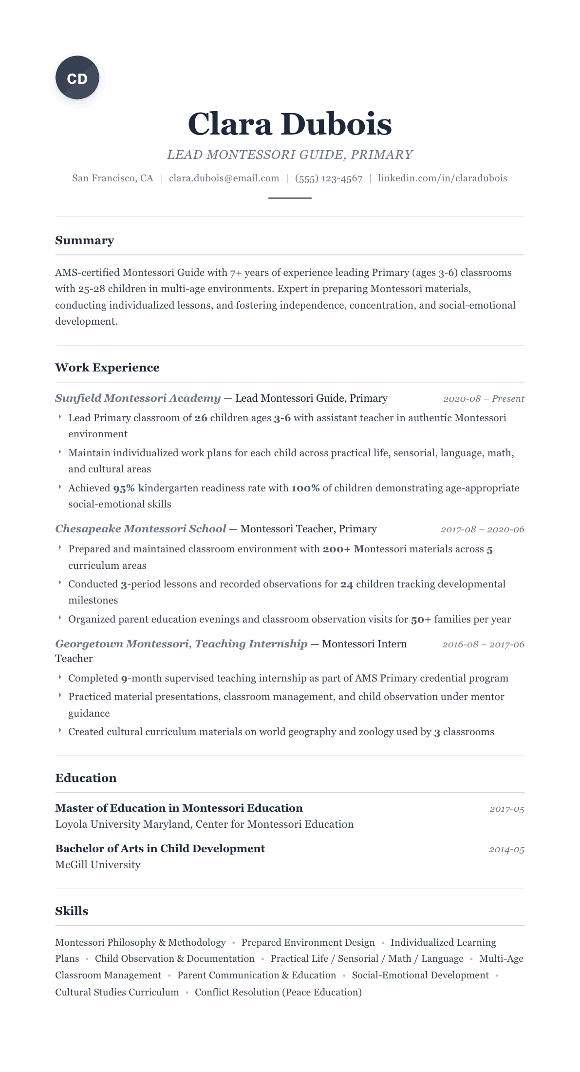 Montessori Teacher resume example, Classic template