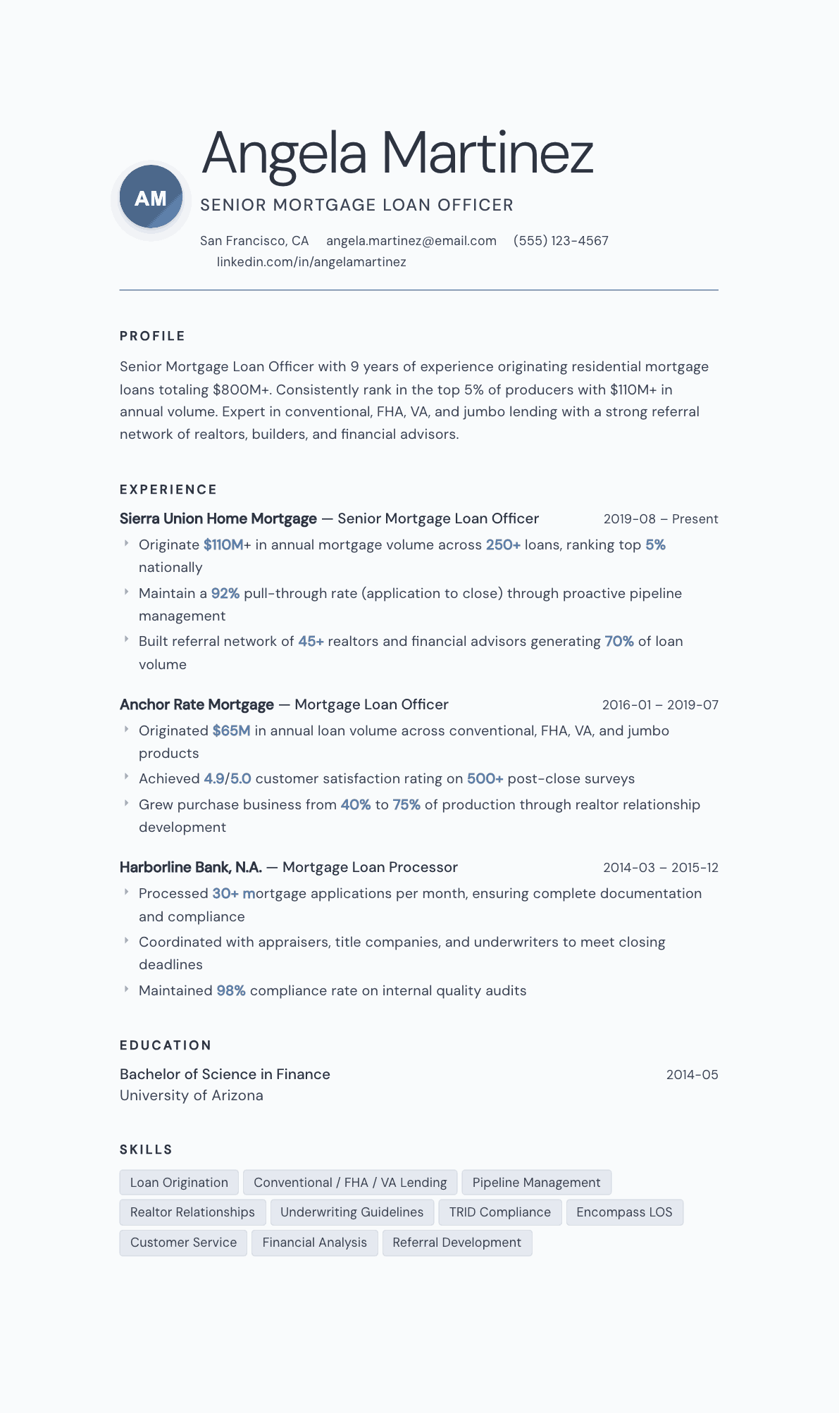 Mortgage Loan Officer resume example, Nordic template