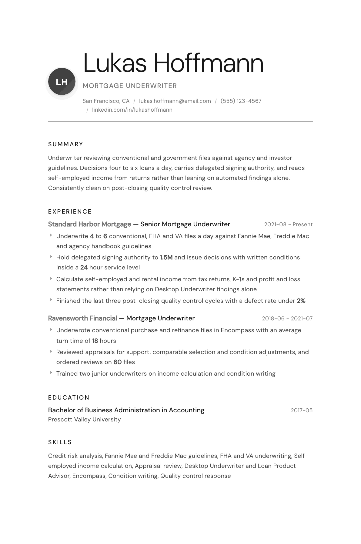 Mortgage Underwriter resume example, Whisper template