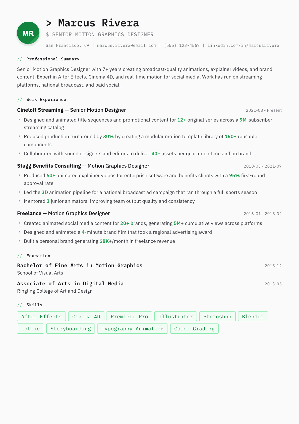 Motion Graphics Designer resume example, Amsterdam template