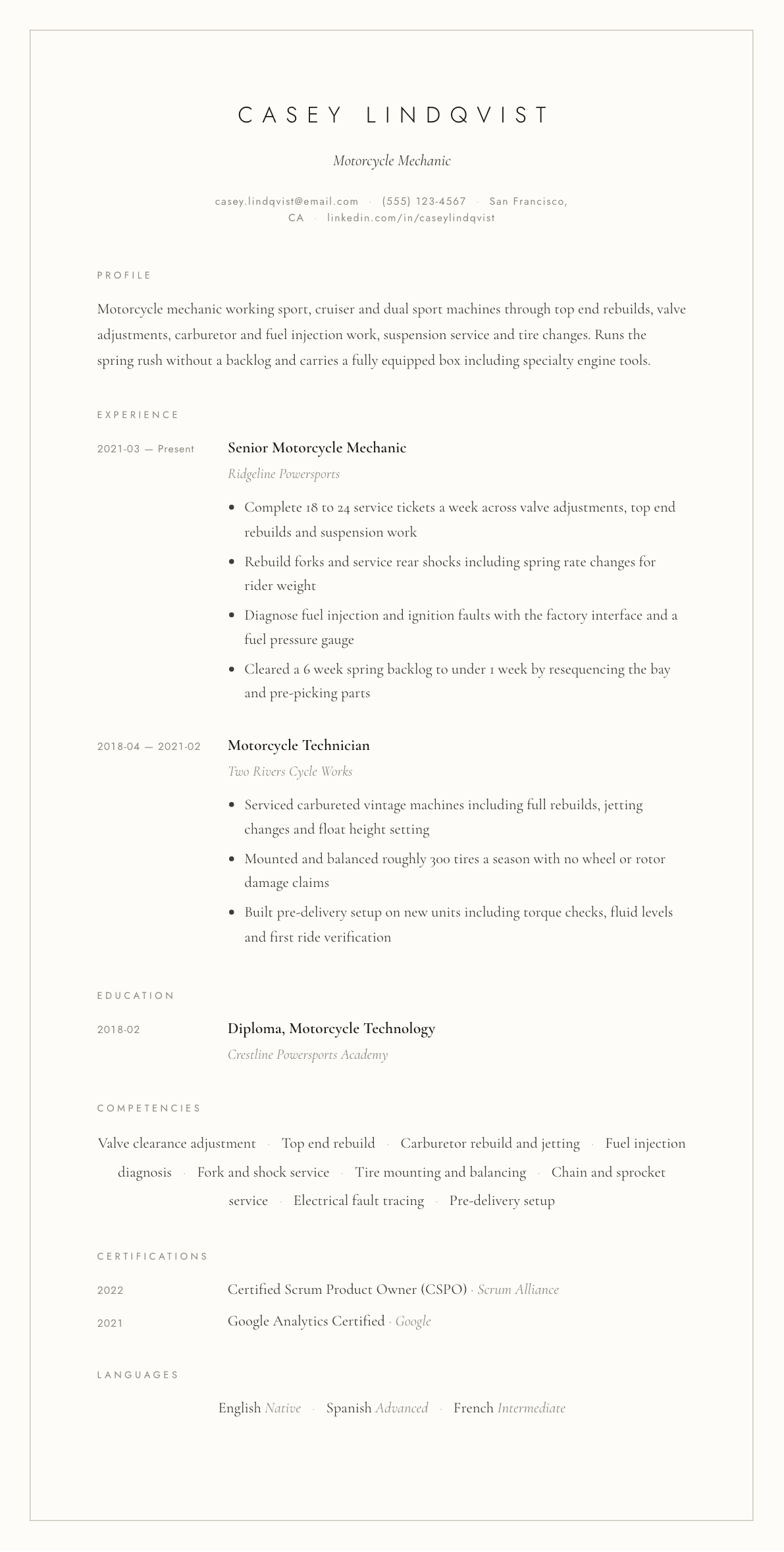 Motorcycle Mechanic resume example, Vellum template