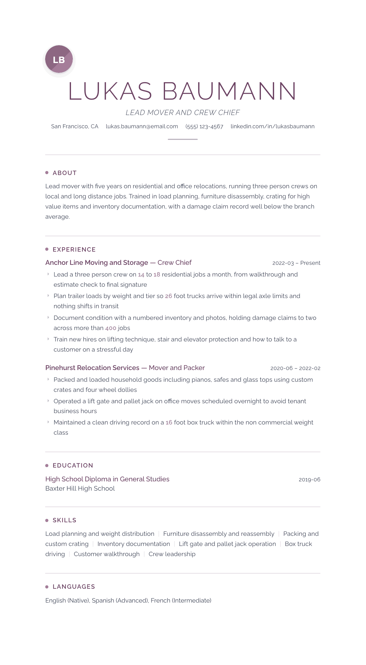 Mover resume example, Serenity template