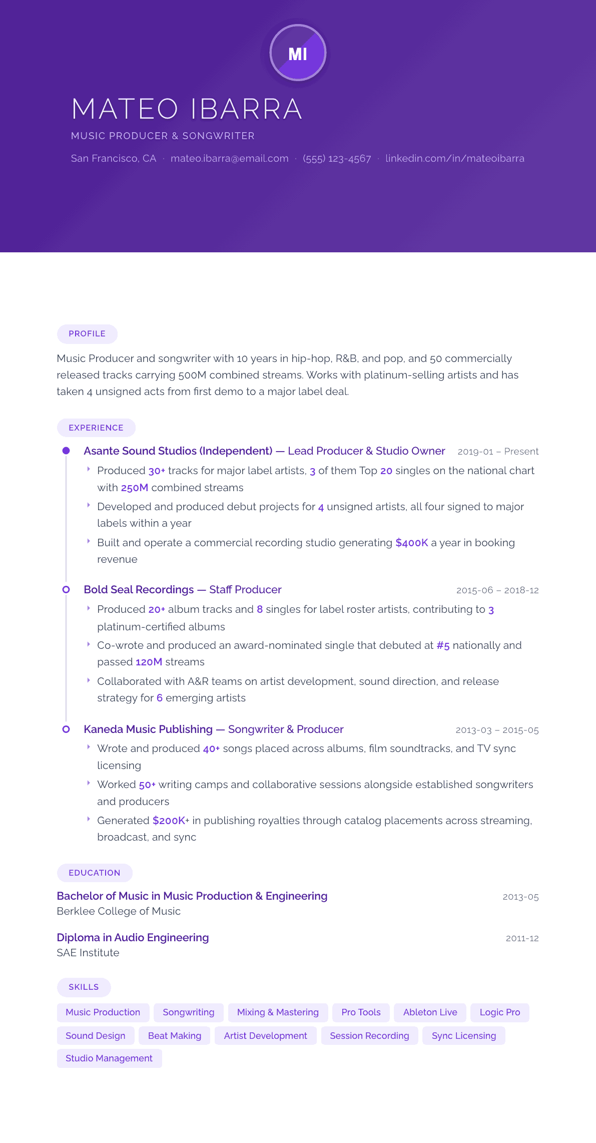 Music Producer resume example, Canvas template