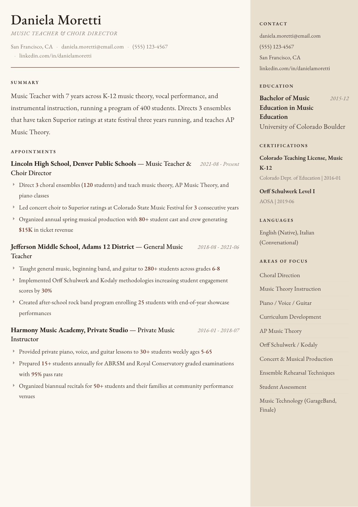 Music Teacher resume example, Manuscript template