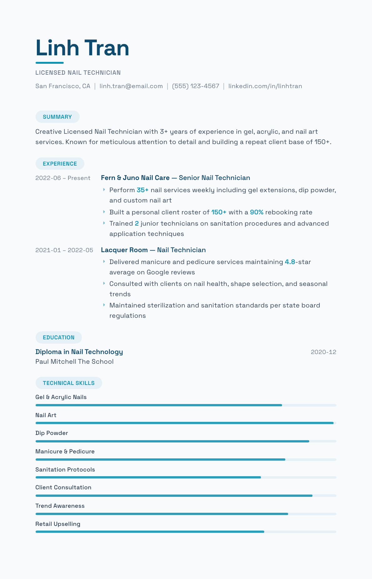Nail Technician resume example, Horizon template