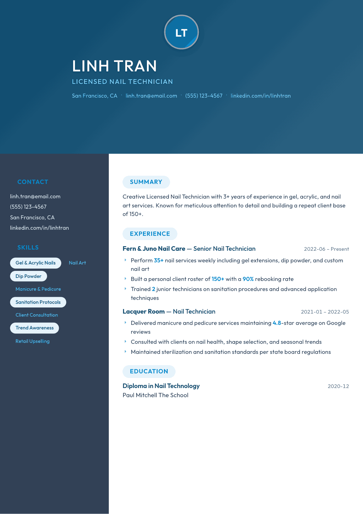Nail Technician resume example, Nexus template
