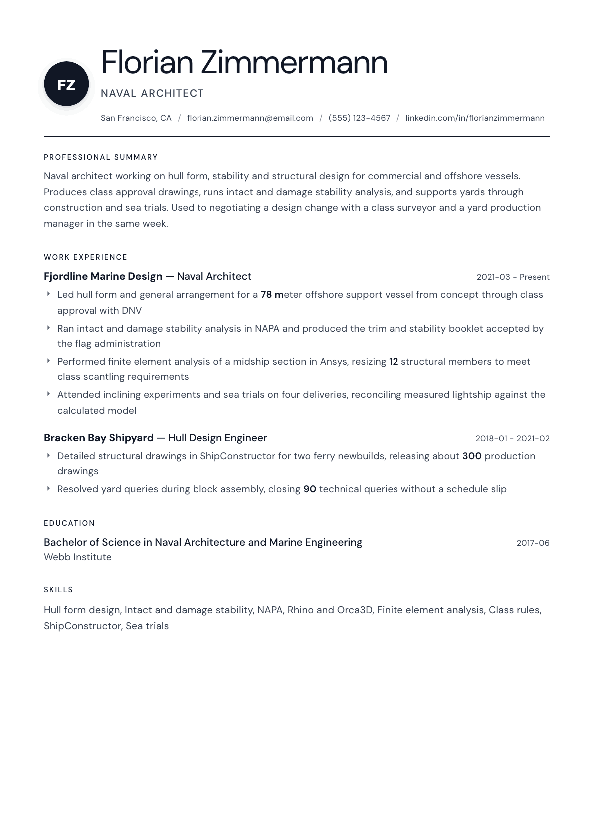 Naval Architect resume example, Stockholm template