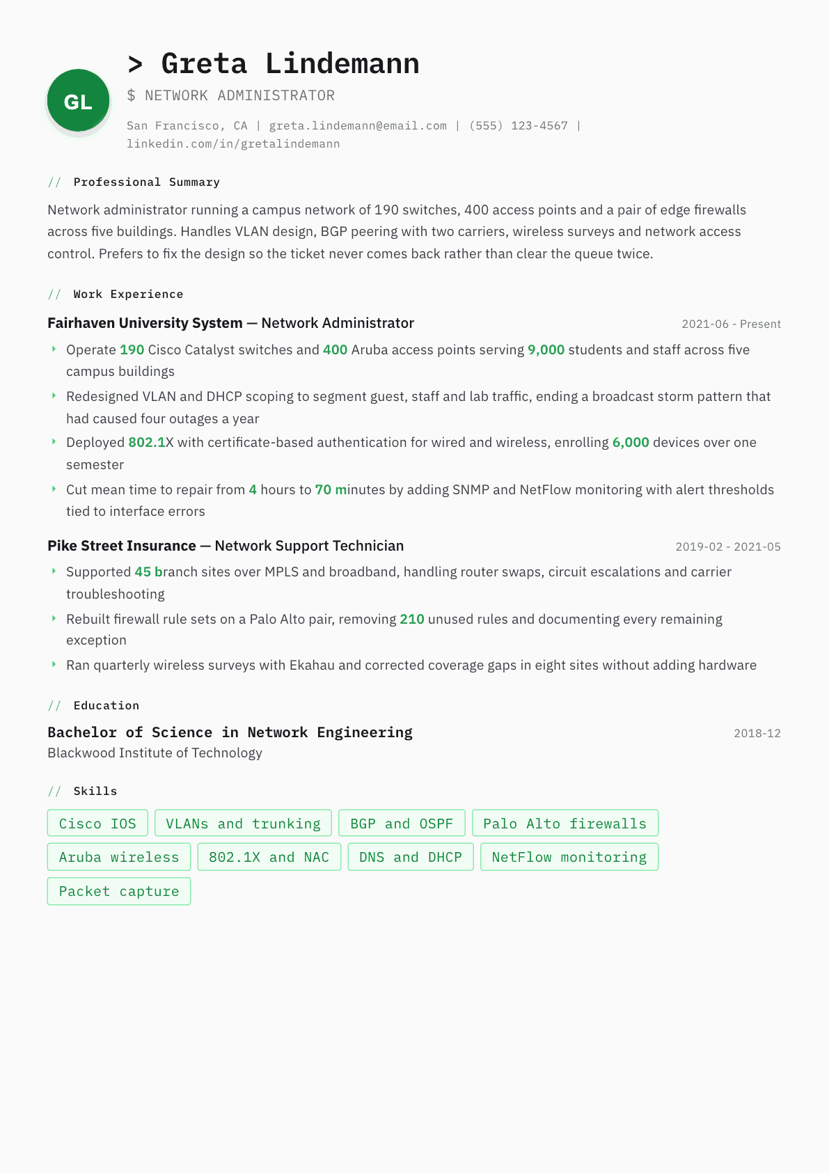 Network Administrator resume example, Amsterdam template