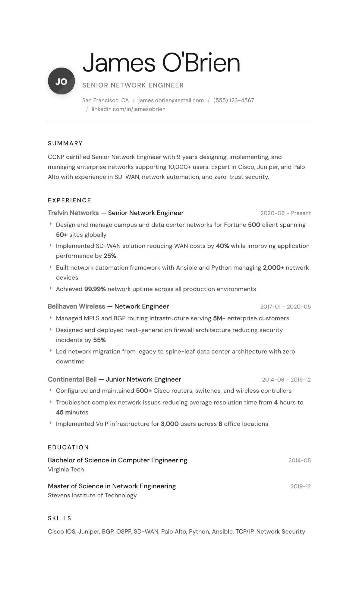 Network Engineer resume example, Whisper template