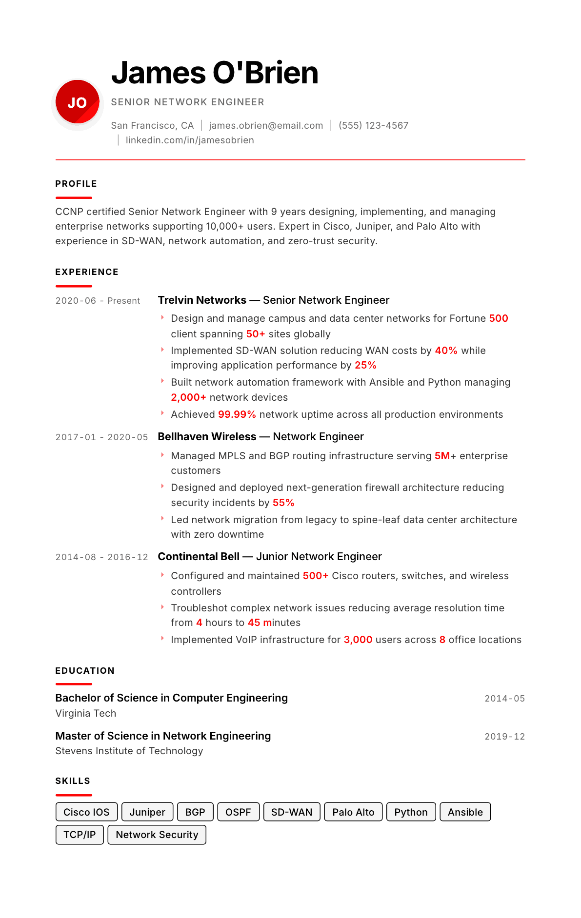 Network Engineer resume example, Swiss Modernist template
