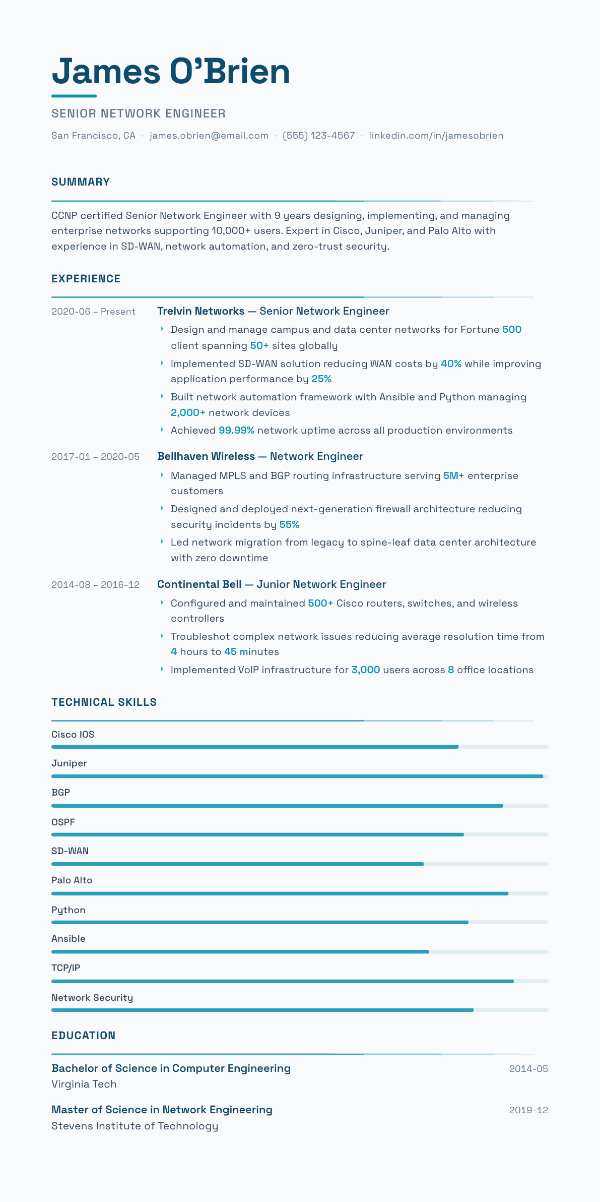 Network Engineer resume example, Velocity template