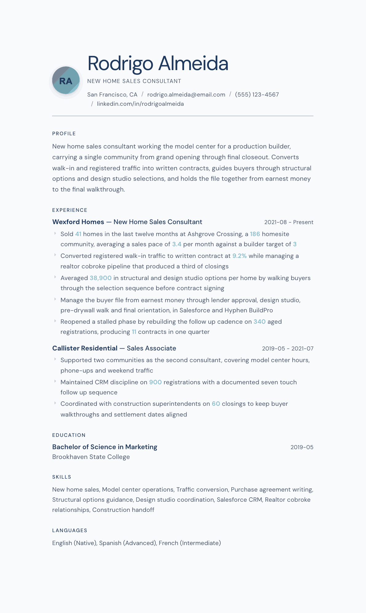 New Home Sales Consultant resume example, Nordic Frost template