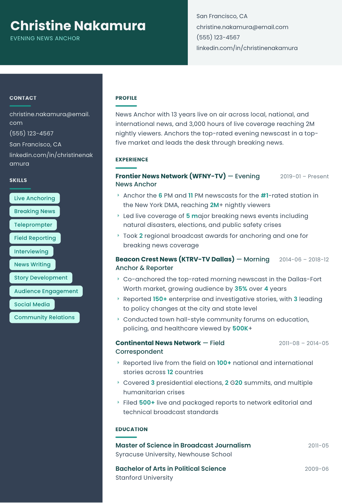 News Anchor resume example, Spectrum template