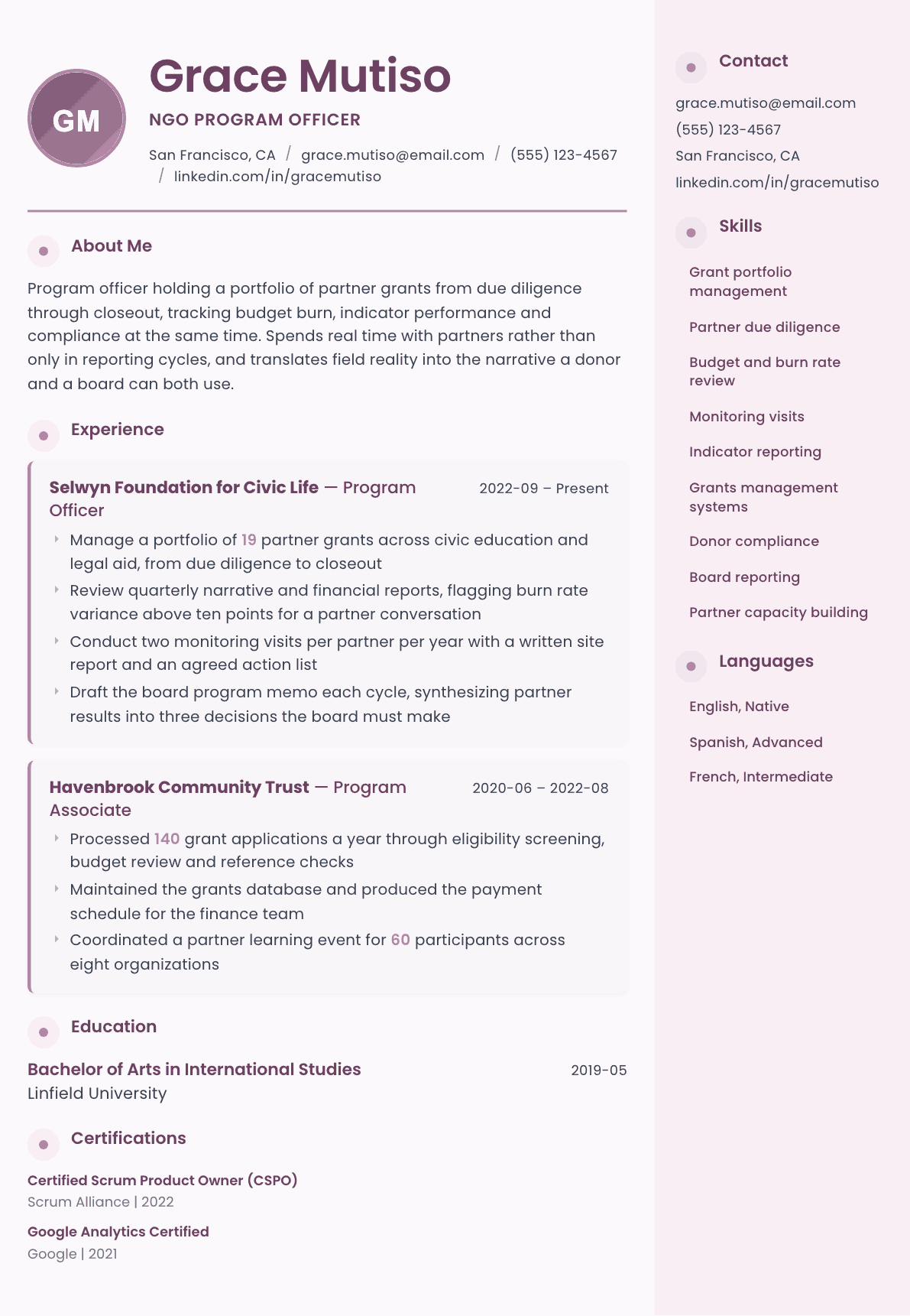NGO Program Officer resume example, Bloom template