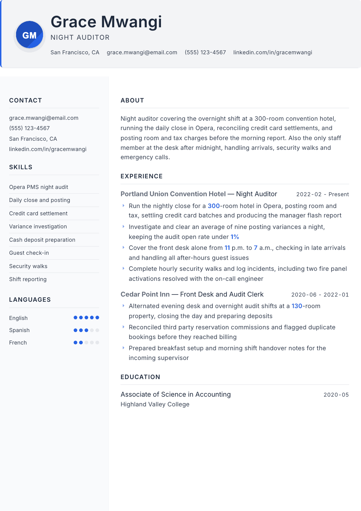 Night Auditor resume example, Paper template