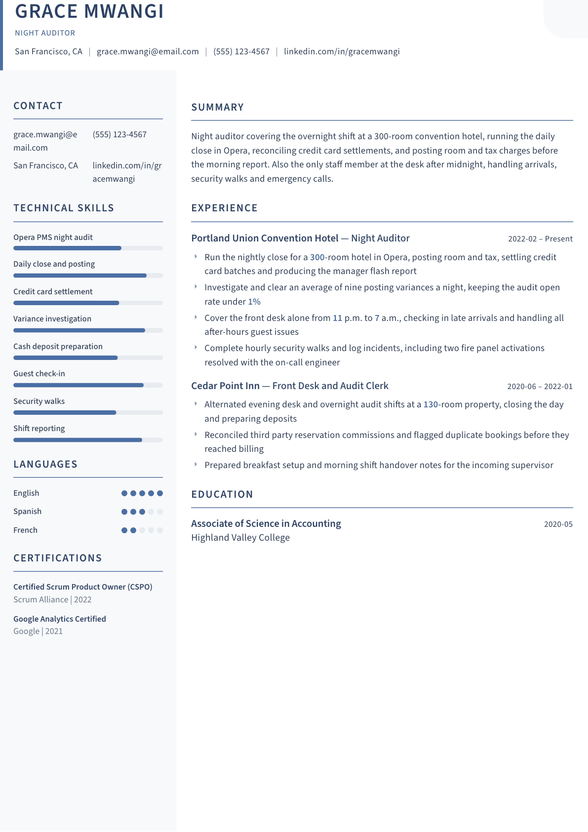 Night Auditor resume example, Summit template