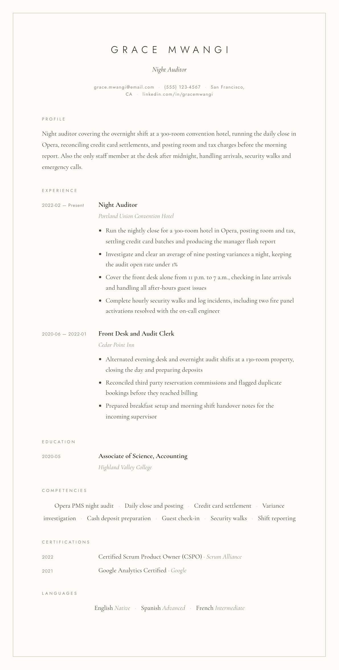 Night Auditor resume example, Vellum template