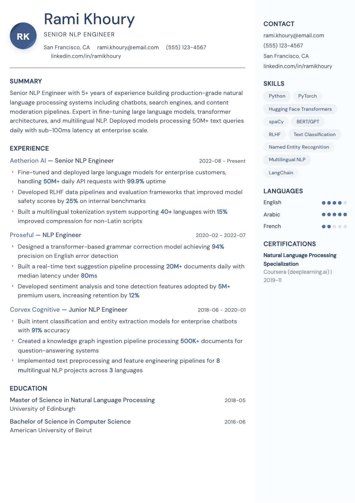 NLP Engineer resume example, Kernel template