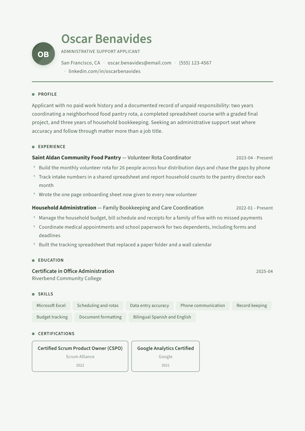 No Experience resume example, Sage Garden template