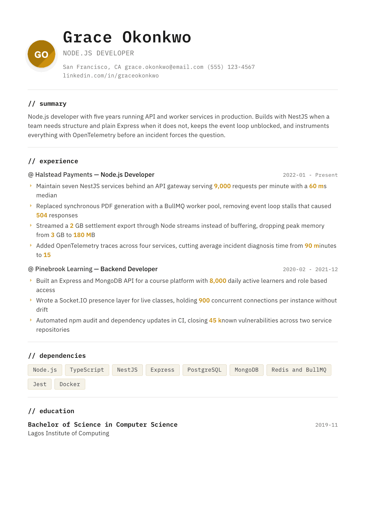 Node.js Developer resume example, Terminal template