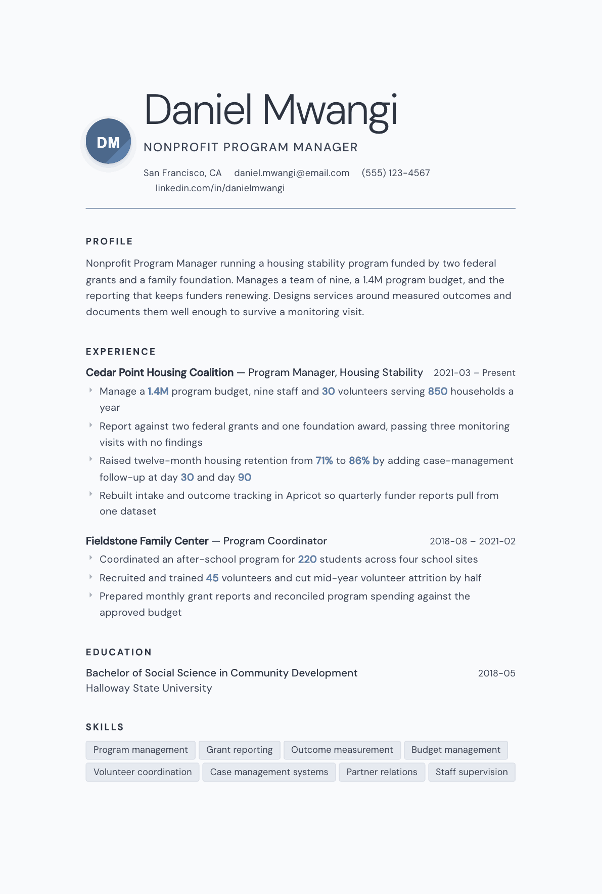 Nonprofit Program Manager resume example, Nordic template