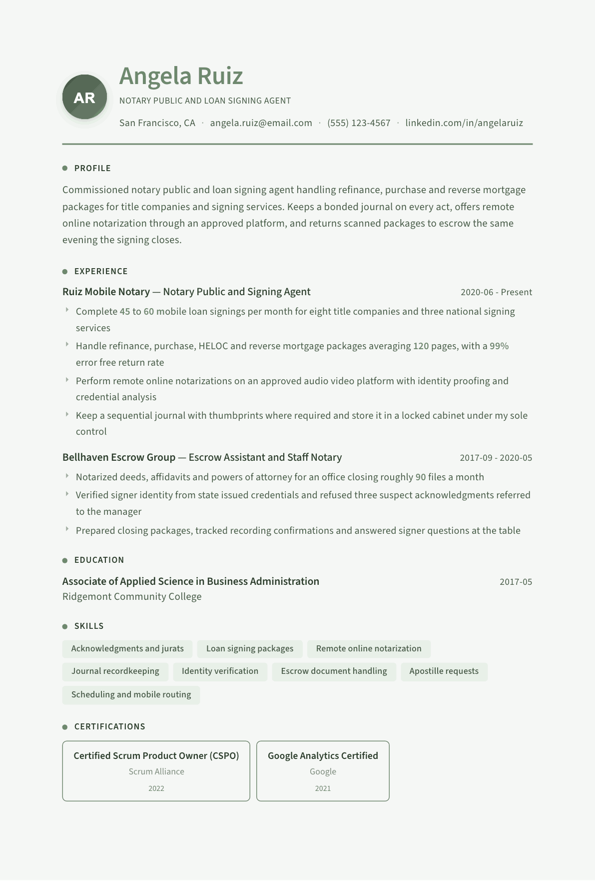 Notary Public resume example, Sage Garden template