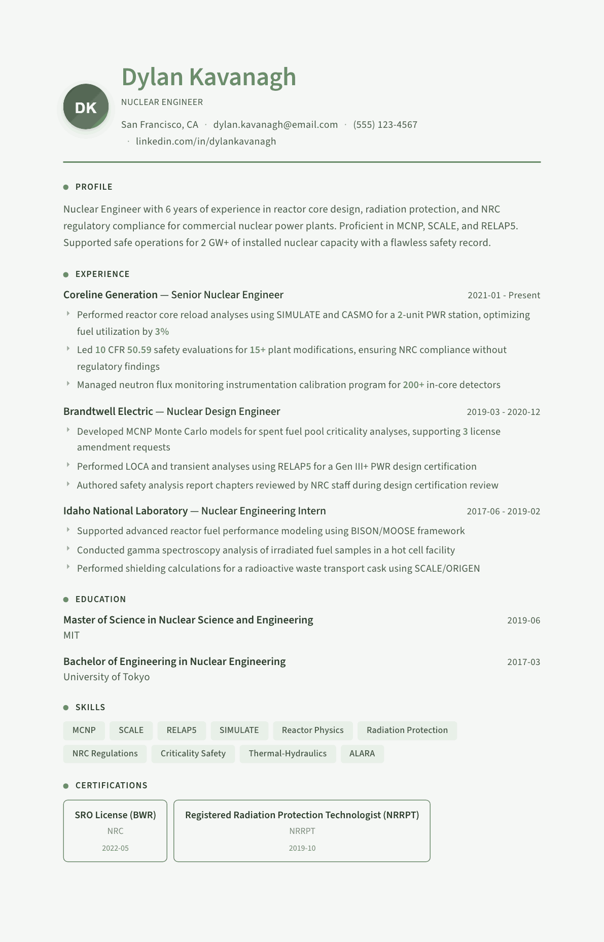 Nuclear Engineer resume example, Sage Garden template