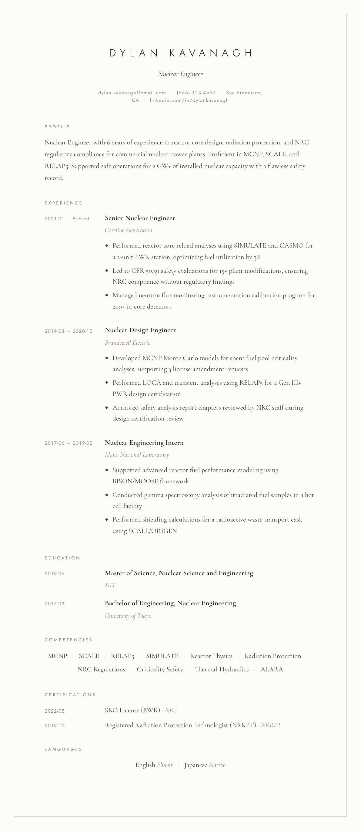 Nuclear Engineer resume example, Vellum template