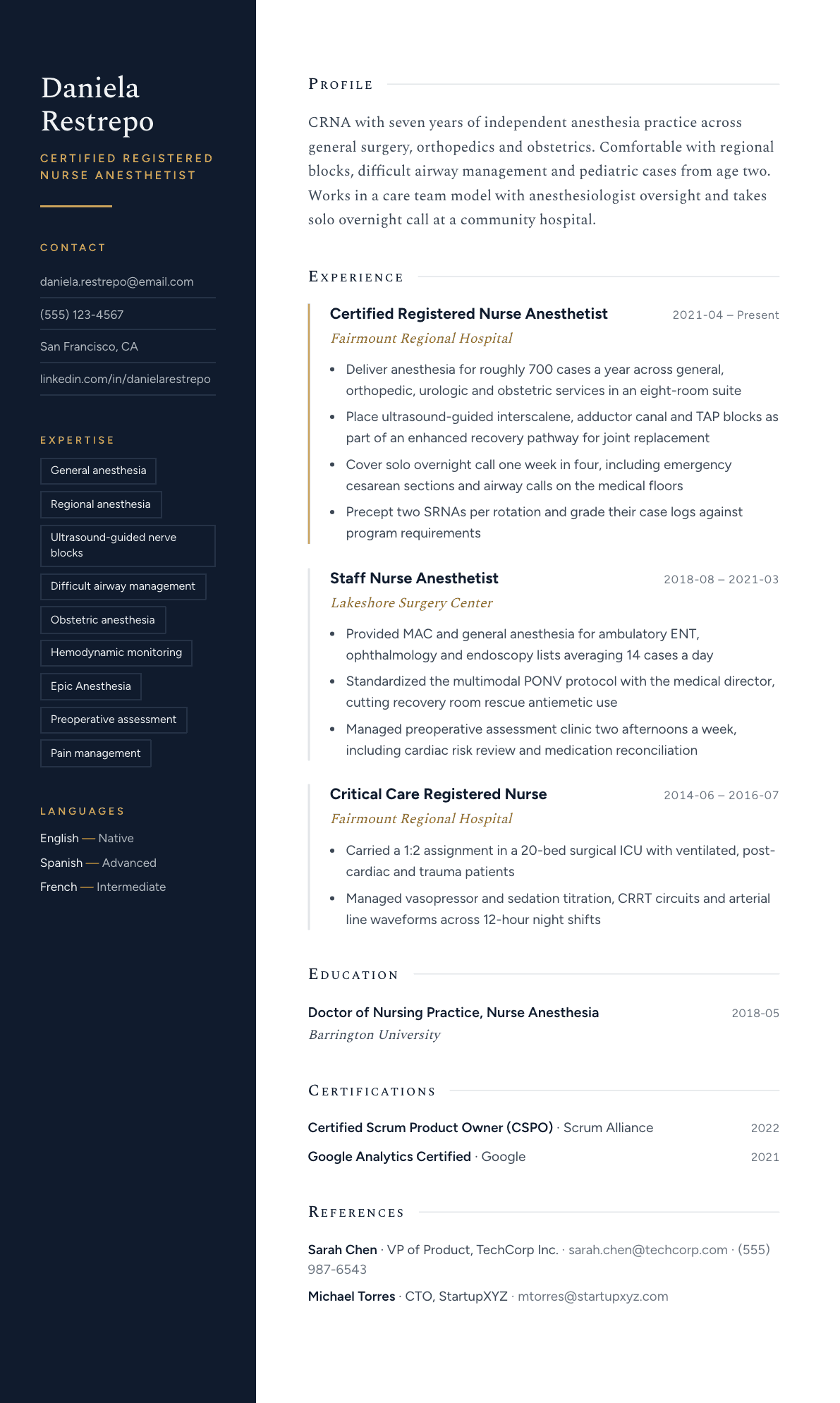 Nurse Anesthetist resume example, Nocturne template