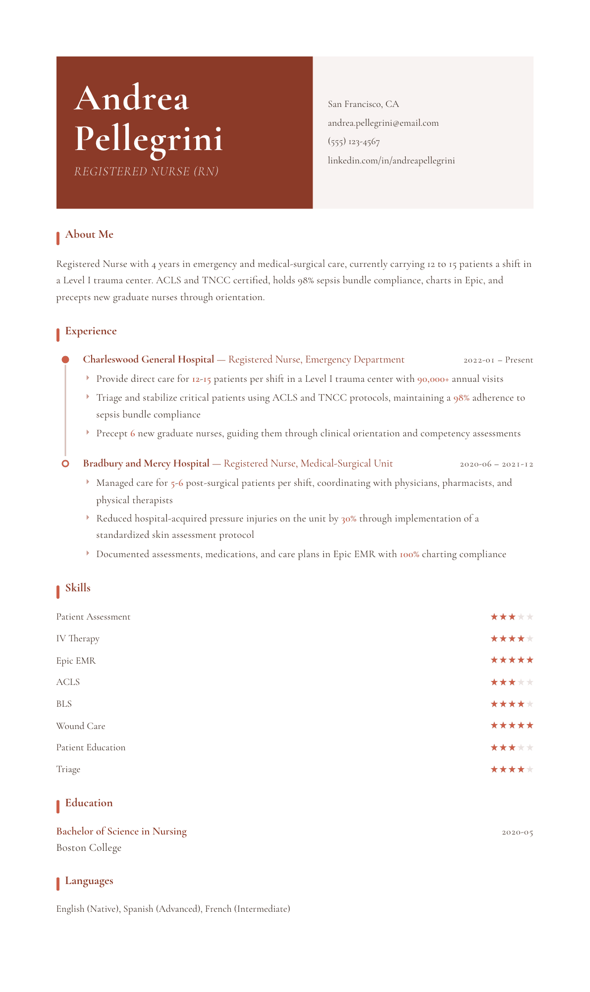 Nurse resume example, Artisan template
