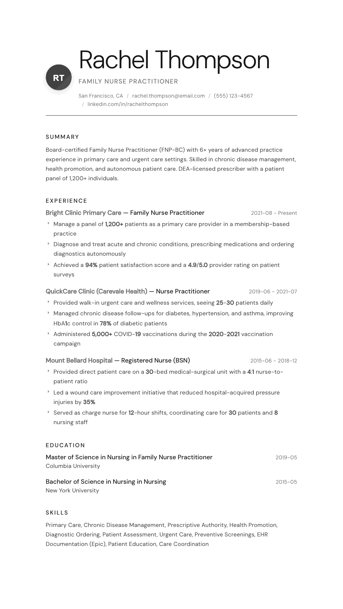 Nurse Practitioner resume example, Whisper template