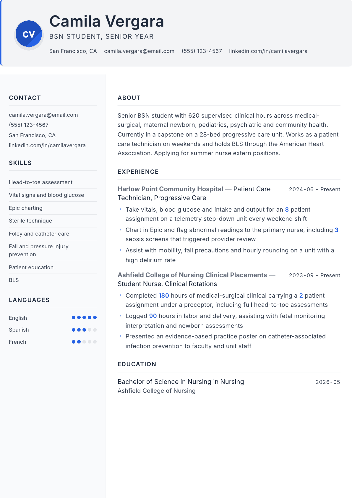Nursing Student resume example, Paper template
