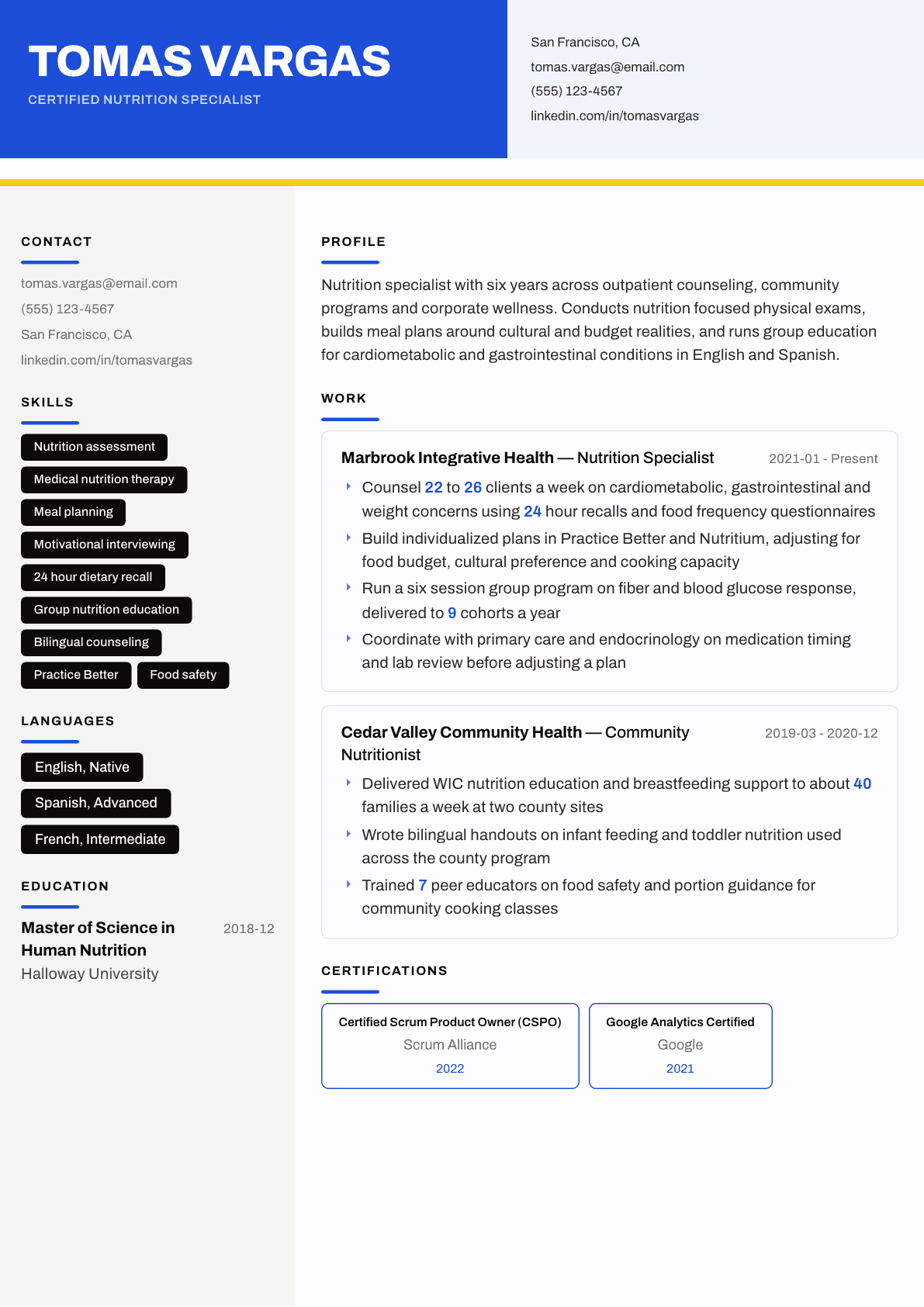 Nutritionist resume example, Kontrast template