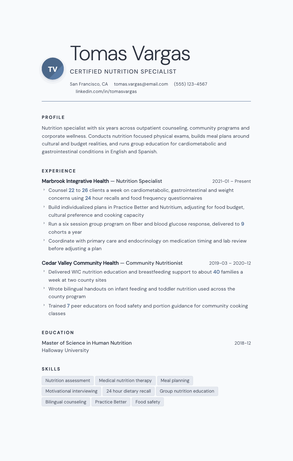 Nutritionist resume example, Nordic template