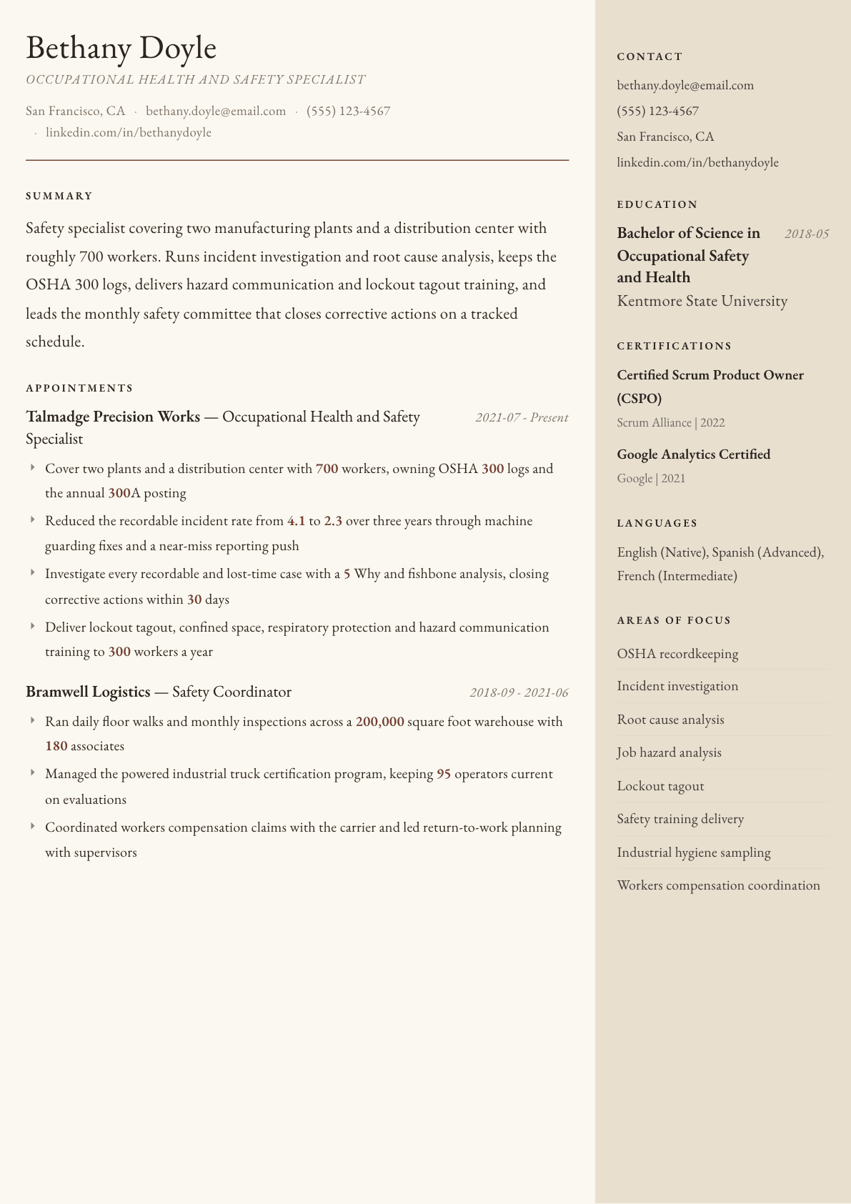 Occupational Health and Safety Specialist resume example, Manuscript template